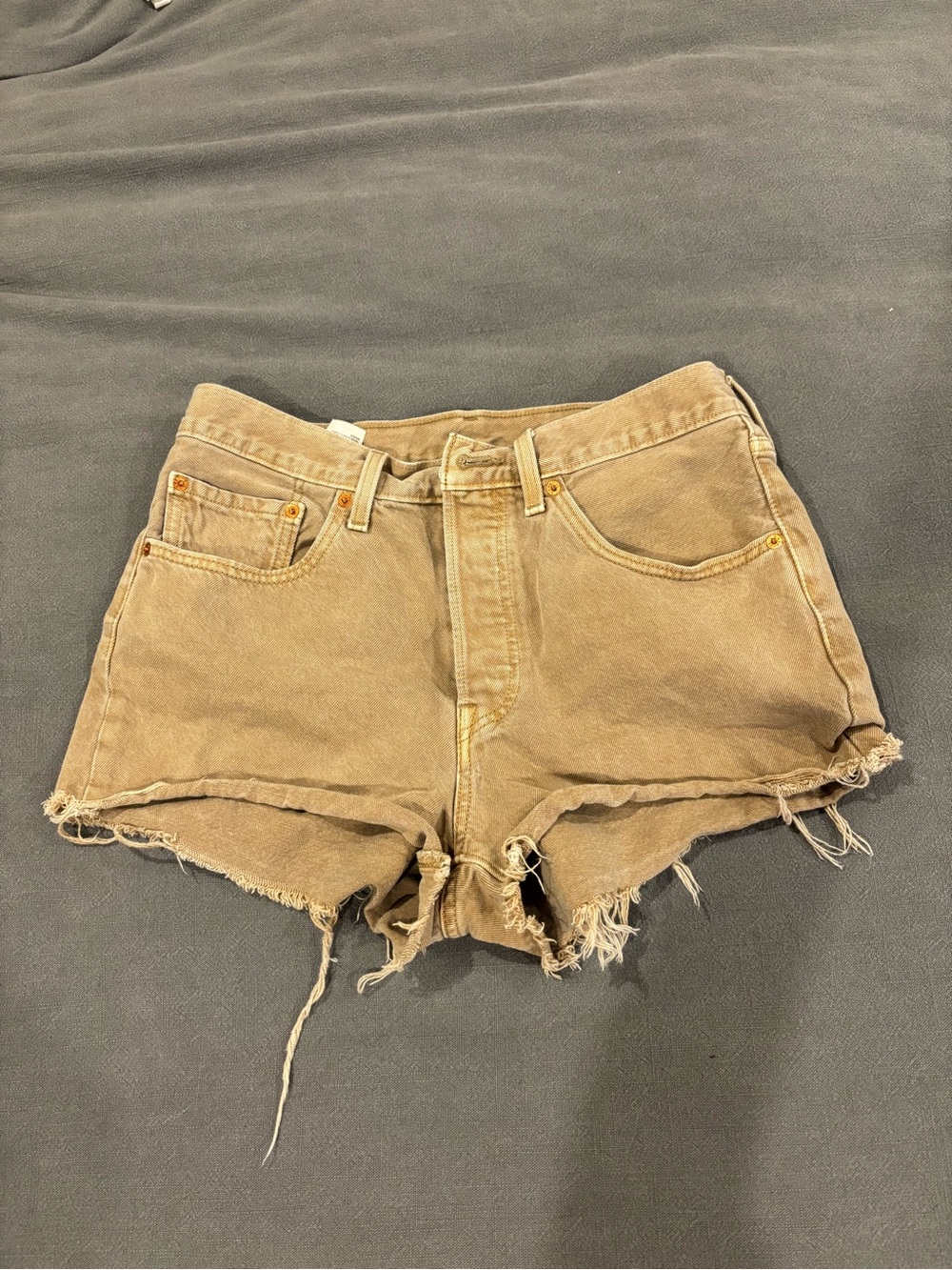 Levi's Frayed Hem High-Rise Jean Shorts in Tan